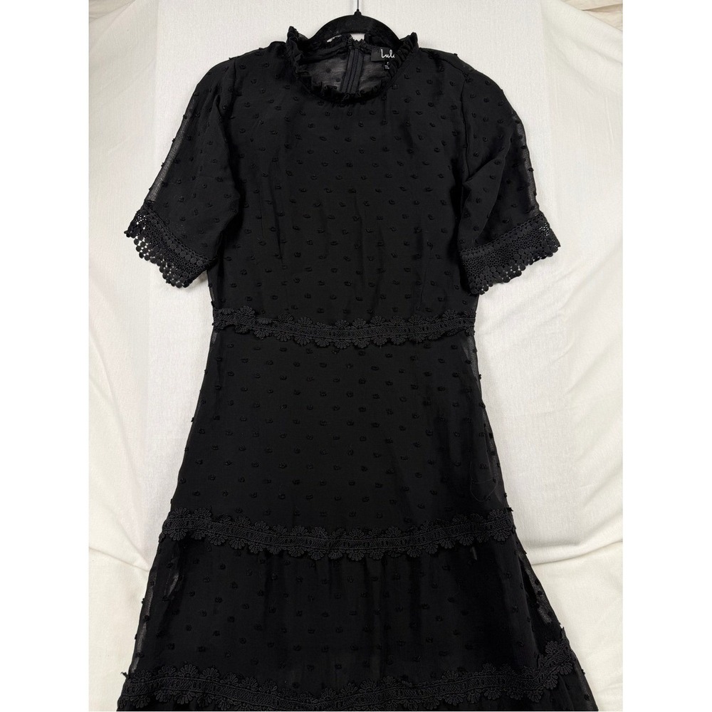 Lulus Black Swiss Dot Lace Tiered Midi Dress Small